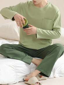 AICJ Bộ đồ ngủ nam 2 món, kiểu dáng rộng rãi, màu trơn, gồm áo cổ tròn và quần, thích hợp cho mùa xuân, thu, đông, ấm áp và thoải mái khi mặc ở nhà. - màu xanh lá - Xem 4