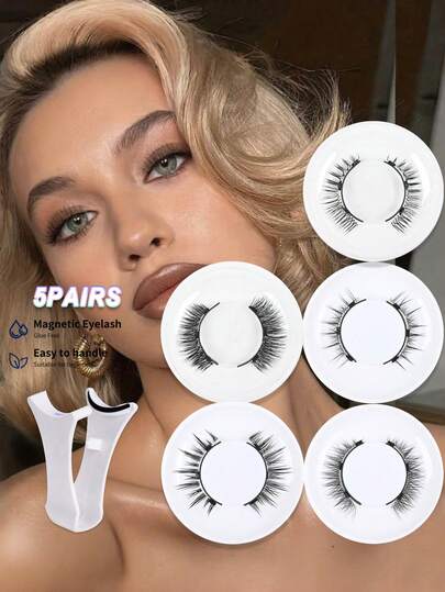 5副装磁性假睫毛套装，含1个佩戴器 - 无需胶水，可重复使用，妆效自然，多种款式可选，佩戴方便，适合各种场合 | 假睫毛嫁接套装，实用圣诞礼物