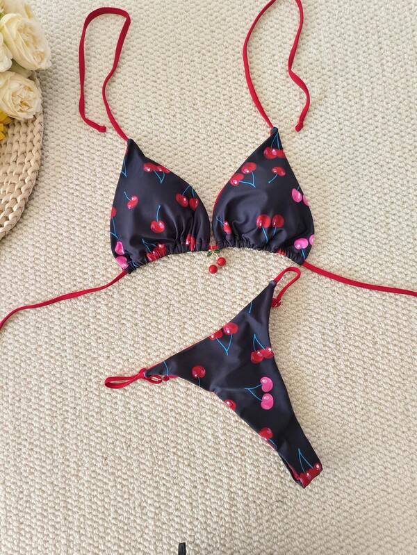 Top tipo bralette con estampado floral y cordones en la espalda, estilo bohemio; Bikini de cerezas nuevo para vacaciones en la playa 2026; Traje de baño tipo tankini con cordones, estilo europeo, para mujer en verano