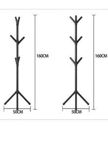 1个现代树形落地式衣帽架 - 稳固的三角形底座，塑料材质，轻巧设计，挂钩可360°旋转，节省空间，适用于玄关、卧室和客厅。北欧简约单杆卧室衣帽架，易于组装，适合家庭、办公室或酒店使用。提供黑色/白色两种颜色，可选6个或9个挂钩，多功能收纳，适合公寓生活。