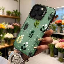 Cubierta de teléfono con diseño floral verde con hojas y puntos blancos para mujer elegante para uso diario en floristerías y eventos sociales Aplicable a los teléfonos de la serie Apple y Galaxy - Negro - Ver 6