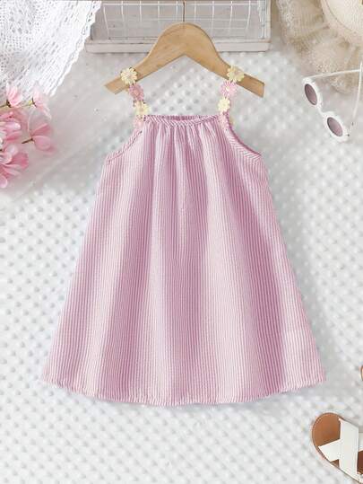 Vestido holgado de línea A sin mangas con estampado floral y rayas, adecuado para vacaciones y playa, verano, para niña