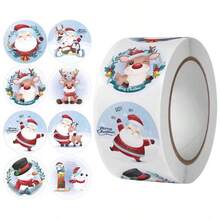500pcs/Roll Christmas Doodle Self-Adhesive Stickers Roll, 1 Inch Cartoon Santa Claus, Reindeer, Christmas Tree, Snowflake Decals For Gifts, Cards, Wedding, Holiday Party, Envelopes, DIY, Glitter Stamps, PVC Stickers - Multicolor - View 1