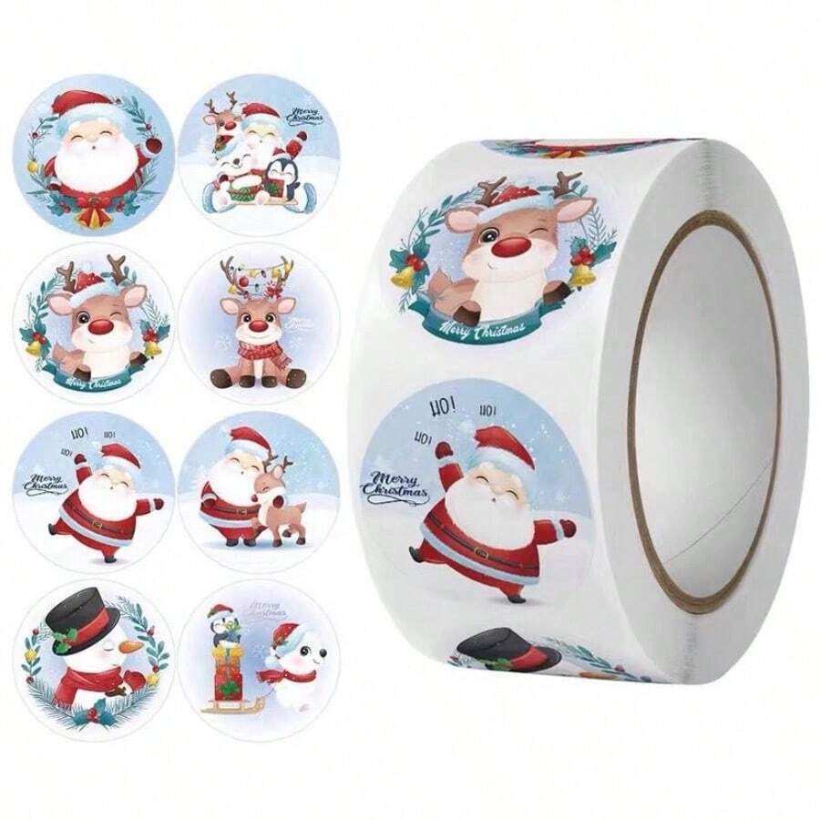 500pcs/Roll Christmas Doodle Self-Adhesive Stickers Roll, 1 Inch Cartoon Santa Claus, Reindeer, Christmas Tree, Snowflake Decals For Gifts, Cards, Wedding, Holiday Party, Envelopes, DIY, Glitter Stamps, PVC Stickers - Multicolor - View 1