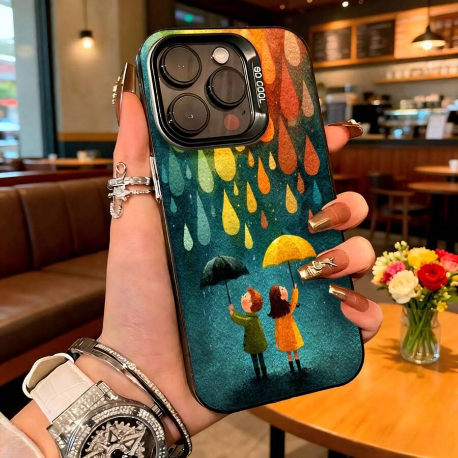 Cubierta de telefono con diseño de lluvia y paraguas colorido para iPhone 14 Pro Max funda de silicona suave con estampado de pareja bajo la lluvia estilo acuarela para uso diario en cafeterias y salones - Blanco - Ver 1