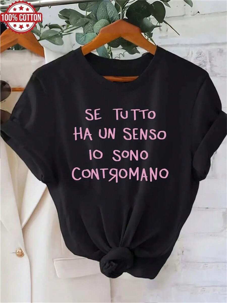 1PC 100% Cotton If Everything Makes Sense, I'm Going Against It Slogan Print Women's Crewneck Tshirt ,Suitable for everyday wear,Perfect Holiday Gift,Birthday Gift,Suitable for everyday wear. Casual style, Short Sleeve Tee, Summer Fashion Top, Soft and Comfortable, Trendy Graphic Tee Shirt, Ideal for Gifts, Outdoor and Indoor Activities, Vacation, Party, School, Sports, Streetwear, Daily Wear. - Negro - Ver 1