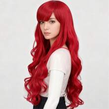 28-Inch Women's Red Long Curly Synthetic Wig With Bangs, Full Wig Head Piece - Red - View 6
