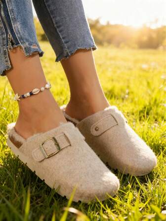 Pantuflas casuales para mujer, con punta plana, forro de felpa cómodo y cálido, correa ajustable, adecuadas para uso en exteriores e interiores, otoño/invierno