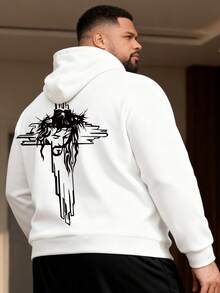 New Plus Size Men's Printed Drawstring Hoodie Sweatshirt, Autumn/Winter - White - View 1