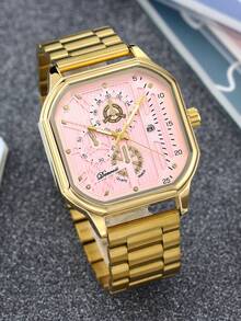 Pink Dial Gold Steel Band Square Quartz Watch, Multifunctional Fashion Wristwatch For Men And Women - one-size - View 3