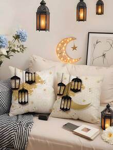 1pc/4pcs Ramadan Polyester Printed Pillow Cover, Moon Candle Flower Pillow Cover, Room Decor, Bedroom Decor, Sofa Chair Decoration (Without Pillow Insert) - Multicolor - View 6