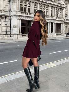 2026新款纯色休闲优雅商务办公居家外出约会返校长袖高领毛衣针织裙两件套，女士两件套，春季穿搭，女士音乐节穿搭，女士情人节穿搭，女士度假穿搭，女士生日穿搭，夏季假日穿搭，派对礼服，女士节日穿搭，Y2K风格，女士沙滩穿搭 - 暗紅色 - 查看 4
