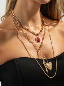 3件套复古心形椭圆几何多层设计锁骨链套装 - 金色 - 查看 3