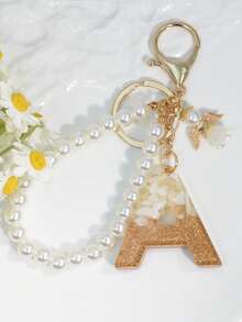 1pc White Bow Letter Keychain, Mom Gift, Women Bag Pendant Charm, DIY Backpack Decor Pearled Accessory Car Accessories Bag Charm School Pearl - White - View 14