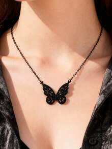 1pc Y2K Chic Gothic Style Black Crystal Hollow Butterfly Clavicle Chain Necklace, Versatile For Dates, Street Style, Parties And Daily Outfits - Black - View 8