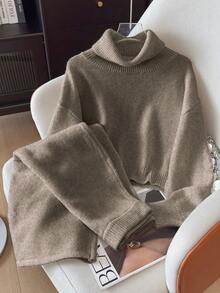 女士休闲针织毛衣长裙套装，高领套头毛衣搭配长款半身裙，纯色，秋冬款