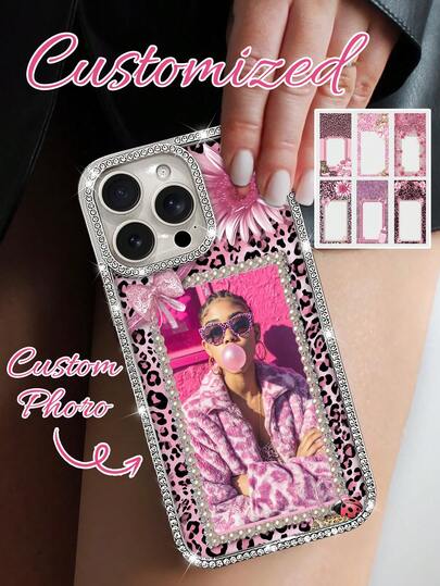 1 Nuevo estuche de teléfono de lujo con diamantes transparentes de cuatro lados, personalizado con foto de pareja, electrochapado en plata, lujoso y brillante, de material acrílico resistente a los golpes con borde anti-colisión, regalo de Navidad personalizable, adecuado para iPhone 16e/17 Pro Max/15 Pro Max/14 Plus/13 Pro