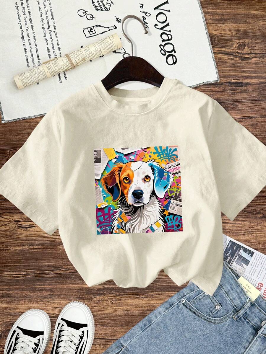 Plus Size Casual Short Sleeve T-Shirt, Colorful Dog Print, Round Neck, Regular Fit, Knit Fabric Summer - Apricot - View 1