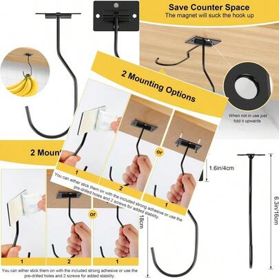 New 2 Pack Banana Hook Magnetic Foldable Banana Hanger Self Adhesive Banana Hook Under Cabinet For Keeping Fruits Fresh And Hanging Kitchen Implements Black