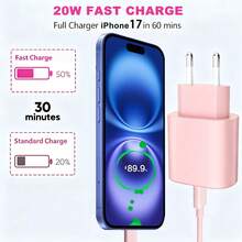 Bộ sạc nhanh di động 20W này đi kèm với cáp bện truyền dữ liệu hiệu suất cao Type-C sang Type-C dài 3,3ft/6,6ft, tương thích với iPhone 17, 16, 15/Pro/Pro Max/Plus, iPad Mini 6, iPad Air 4, iPad Pro, cũng như Galaxy S25/S24/S23/S22/S21/S21+/S21 Ultra/S20/S20 Ultra/Note 20 Ultra/Note 10. Thích hợp cho du lịch, văn phòng, ký túc xá và sử dụng tại nhà. Bộ sạc điện thoại công suất đầu ra cao. - Phích cắm loại C của EU (220-240V) - Xem 3