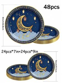 48/24Pcs Moon & Star Theme Disposable Paper Plates Set, Festive Dinnerware For Eid Al-Fitr & Ramadan, Ideal For Prayers, Worship, Reception, Dining, Picnic, Camping & Parties, Easy Clean, Festive Decor - Multicolor - View 11