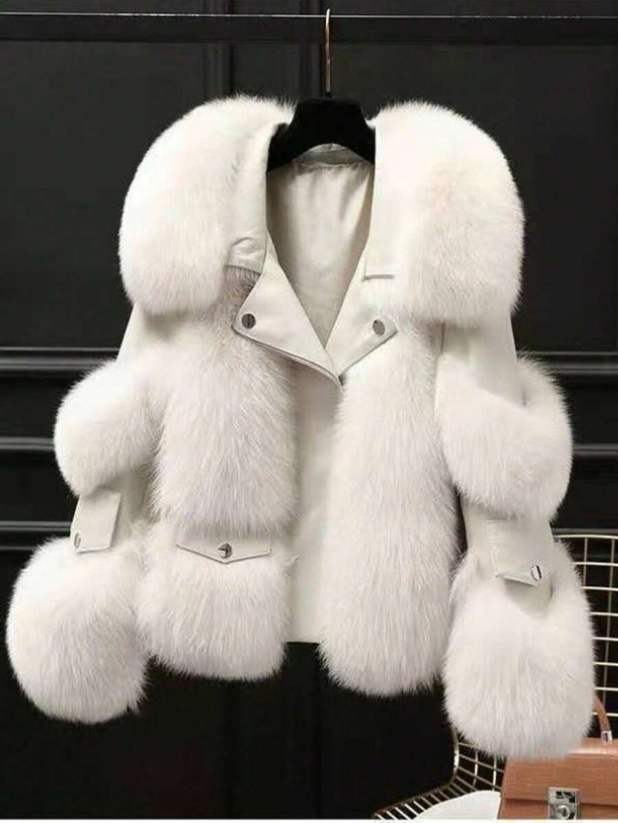 Winter Fashion Imitation Fox Fur Short Young Coat Temperament Socialite Motorcycle Style Leather Jacket - trắng - Xem 1