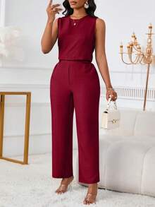 2 件套女士休闲优雅无袖上衣和裤子套装，带斜口袋和纽扣细节 - 深紅 - 查看 5
