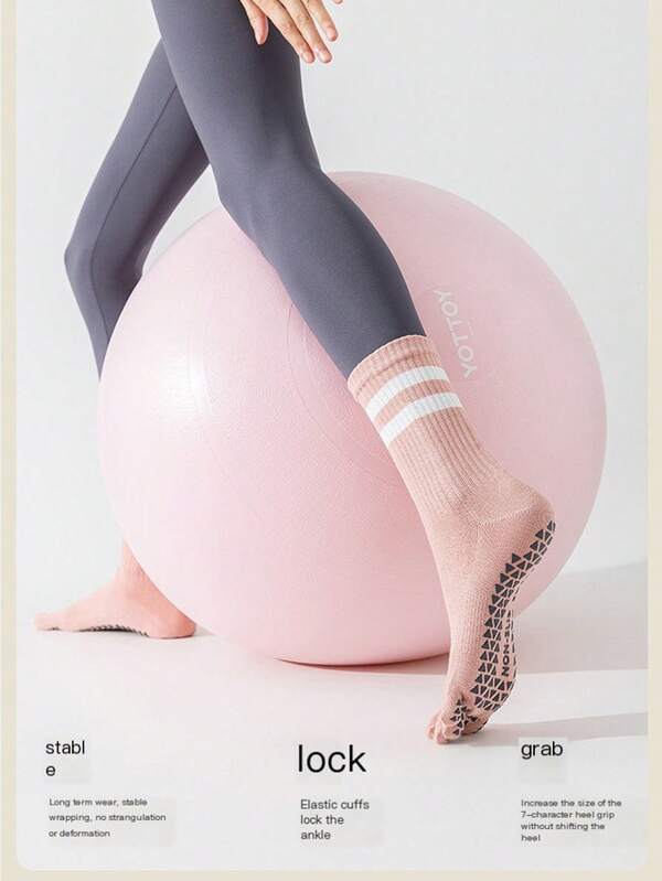 1 Pair Of Silicone Anti-Slip Mid-Calf Socks For Women, Striped Boneless Sports And Fitness Five-Finger Socks, Anti-Slip Socks, Suitable For Yoga, Pilates, Ballet Bar; Five-Ankle Finger Socks