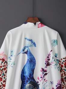 Oversized Retro Style Mid-Length Kimono Cover Up, Beach Cover Up Swimsuit Wrap For Plus Size, Summer - White - View 8