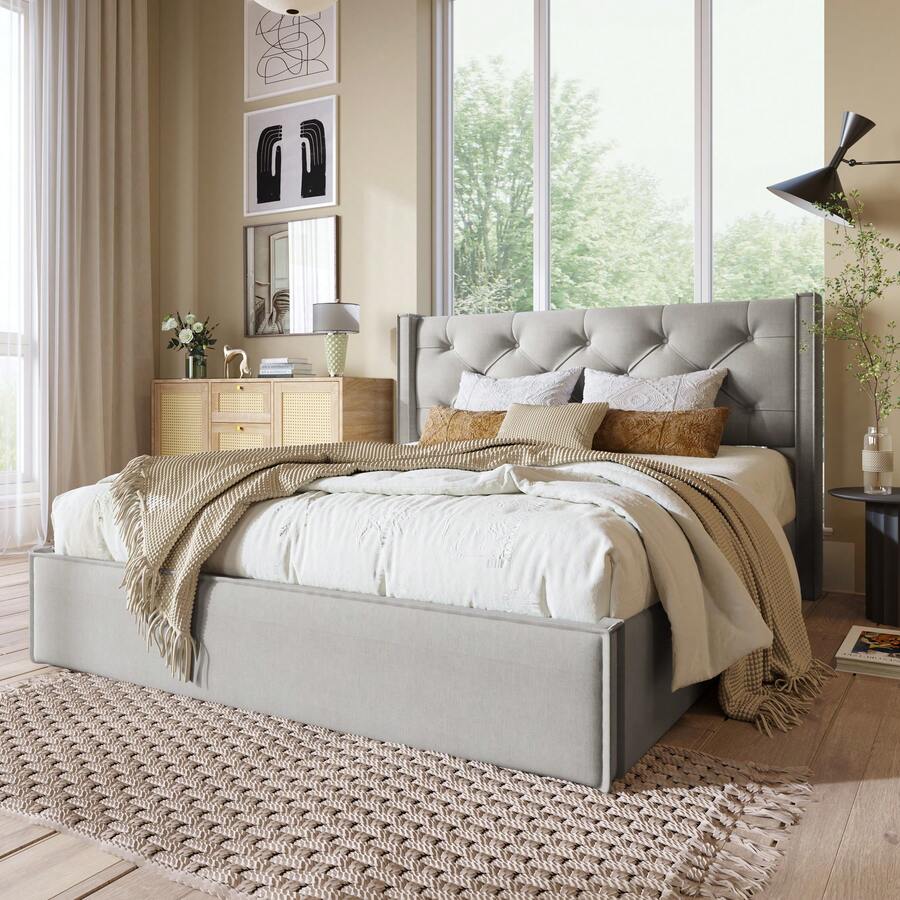 Hydraulic Double Upholstered Bed 140x200cm, Bed With Slatted Base Made Of Metal Frame, Modern Bed Frame With Storage Space, Cotton, Light Grey - Light Grey - View 1