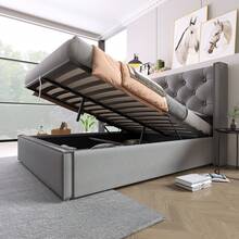 Hydraulic Double Upholstered Bed 160x200cm, Bed With Slatted Base Made Of Metal Frame, Modern Bed Frame With Storage Space, Cotton, Grey - Grey - View 2