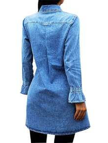 Women's Button Down Denim Dress - Long Sleeve Ruffle Cuff Dress With Chest Pocket, Casual Elegant Style - Medium Wash - View 4