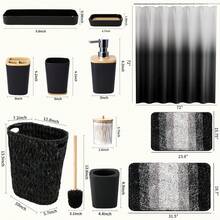 YESagoodShop Bathroom Set Black Trash Can  9 Piece Decor Toothbrush Holder Cup Lotion Dispenser Tray Soap Dish Toilet Brush Qtip 1763699629789 - 藤編浴室套裝+浴簾+浴室地毯 - 查看 7