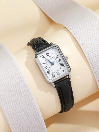 1 件简约女士矩形罗马数字表盘时尚竹表带手表，适合日常佩戴、生日、周年纪念礼物、年终促销、光棍节、万圣节促销和其他节日礼物