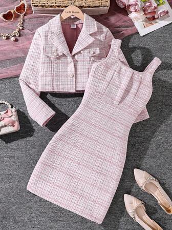 Left Mama 女童优雅甜美粉色条纹长袖外套和吊带连衣裙套装，适合宴会和派对，春秋季穿着