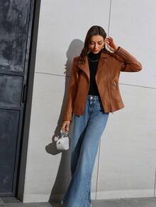 女士仿皮夹克，休闲短款PU摩托车夹克 - 棕色 - 查看 7