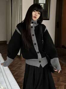 Retro Casual Design Niche Contrast Color Knit Cardigan, Women, Autumn/Winter Black - Black - View 4