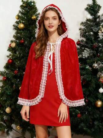 1 pieza Capa con capucha con adorno de encaje para fiesta, Capa estilo gótico de Caperucita Roja para Halloween, Navidad, Cosplay de anime (Encaje negro y encaje blanco) para vestir