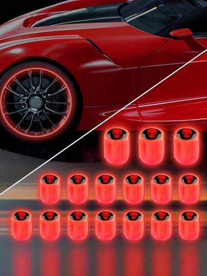12pcs Luminous Tire Valve Caps - Self-Luminous LED Style Valve Covers, Fit For Cars, Motorcycles, Electric Bicycles And Bicycles - Universal Size, Red Skull Design, Visible At Night, Fashionable Wheel Decoration Accessories