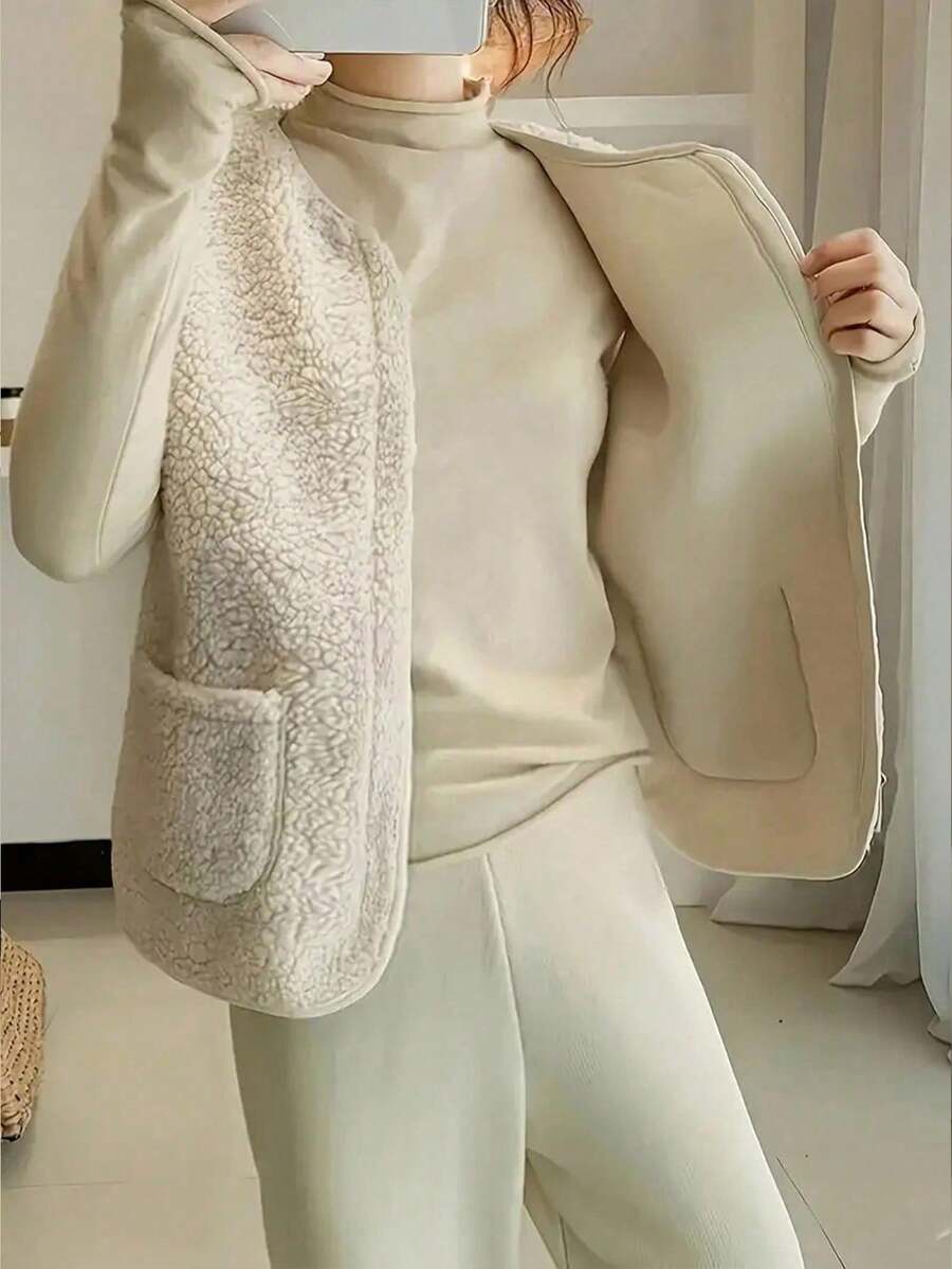 秋冬季仿羊羔绒背心复古无袖女式外套保暖内衬绒面革背心