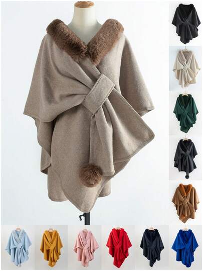 1件装女士时尚仿毛领保暖交叉披肩斗篷，适合日常穿着，秋冬季