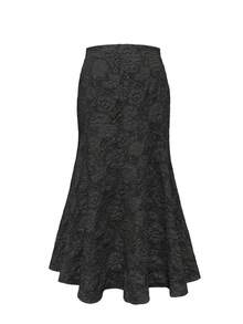 大码女式优雅花卉压花美人鱼裙，四季皆宜 - 黑色 - 查看 1