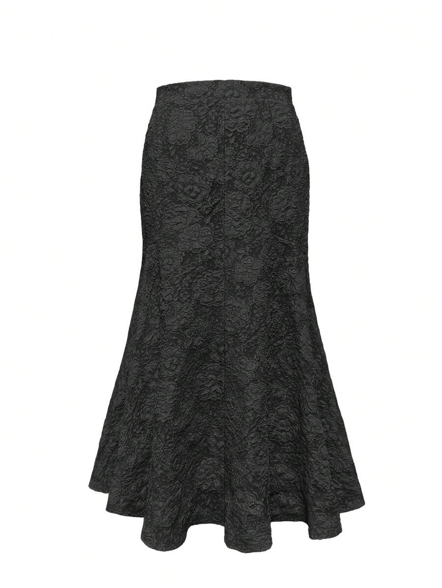 大码女式优雅花卉压花美人鱼裙，四季皆宜 - 黑色 - 查看 1