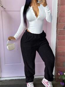 Women Solid Color Pocket Design Warm Fleece Pants Casual - Black - View 7