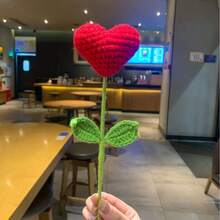 3/5pcs Handmade Crochet Heart Bouquet - Red Yarn Love Flowers With Green Stems, Perfect For Valentine's Day, Mother's Day, And Special Occasions Gift - Multicolor - View 1