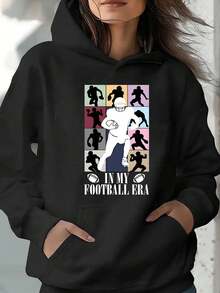 Unisex Hoodie Football Player Silhouette And Text Print Hoodie For Casual Wear Gift For Family And Friends - 黑色 - 查看 1