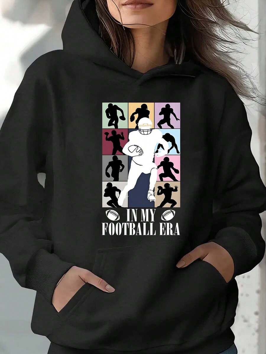 Unisex Hoodie Football Player Silhouette And Text Print Hoodie For Casual Wear Gift For Family And Friends - 黑色 - 查看 1