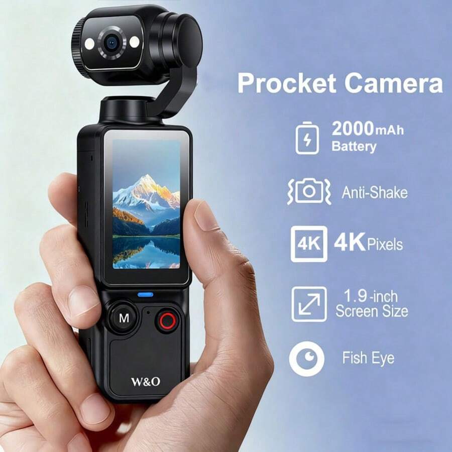 W&O 4K 1.9"HD Video Recording Camera - Portable, Rechargeable, Video Log Camera, 4k Handheld Stabilizer Pocket Sports Camera Gimbal | 4k Handheld Stabilizer | Magnet | 180 ° Perspective, Body Camera,  USB Charging 180 ° Rotation, 1.9 "CMOS, Perfect For Video And Video Recording, Perfect For Life Recording And Travel - 黑色 - 查看 1