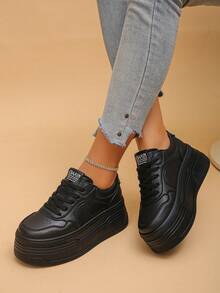 Zapatillas con plataforma para mujer, deportivas de unicolor con cordones y estampado de letras, adecuadas para todas las estaciones - Negro - Ver 2