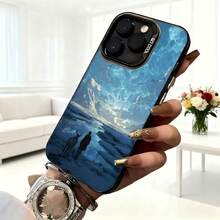 Cubierta de telefono con diseño de paisaje invernal azul con ciervo y figura humana para iPhone 14 Pro Max protector resistente a golpes con estampado artístico ideal para uso diario en cafeterías y exteriores - Negro - Ver 6